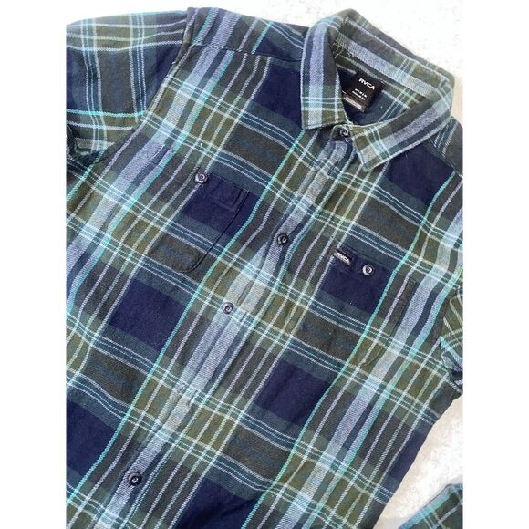RVCA Shirt Mens Medium Green Blue Flannel Button Down Long Sleeve Casual Outdoor - Picture 1 of 7